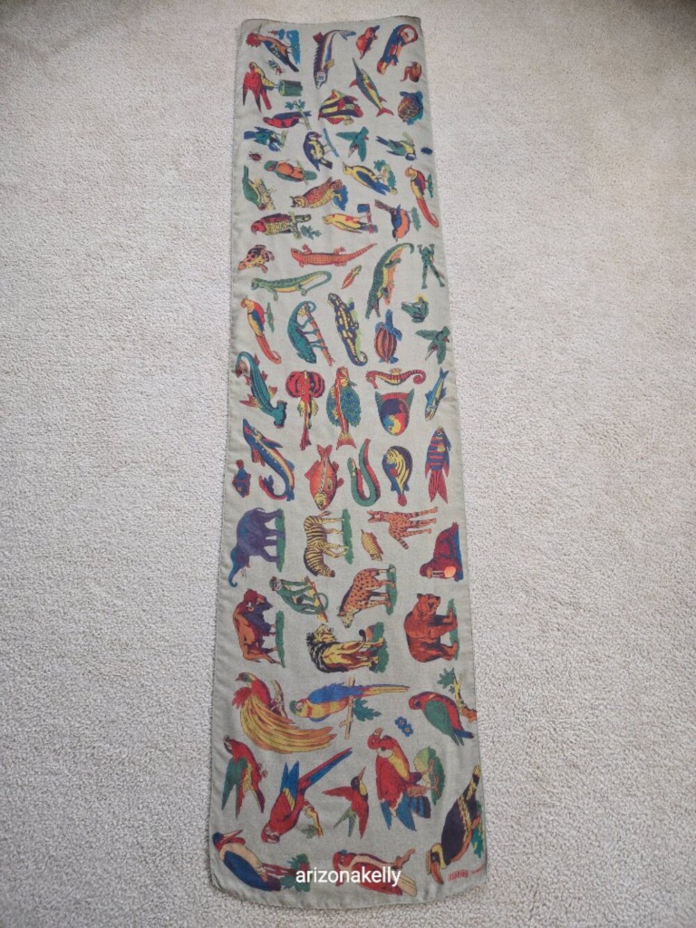Vintage Animal Print Oblong Scarf Birds Fish Mammals Reptiles 1940's Design - Picture 9 of 11